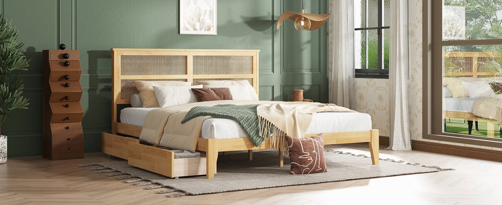 King Size Bed with Rattan Headboard, Two Storage Drawers, Rubber Wood Bed with Enhanced Support Salts and Feet,White Oak