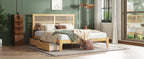 King Size Bed with Rattan Headboard, Two Storage Drawers, Rubber Wood Bed with Enhanced Support Salts and Feet,White Oak
