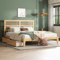 King Size Bed with Rattan Headboard, Two Storage Drawers, Rubber Wood Bed with Enhanced Support Salts and Feet,White Oak