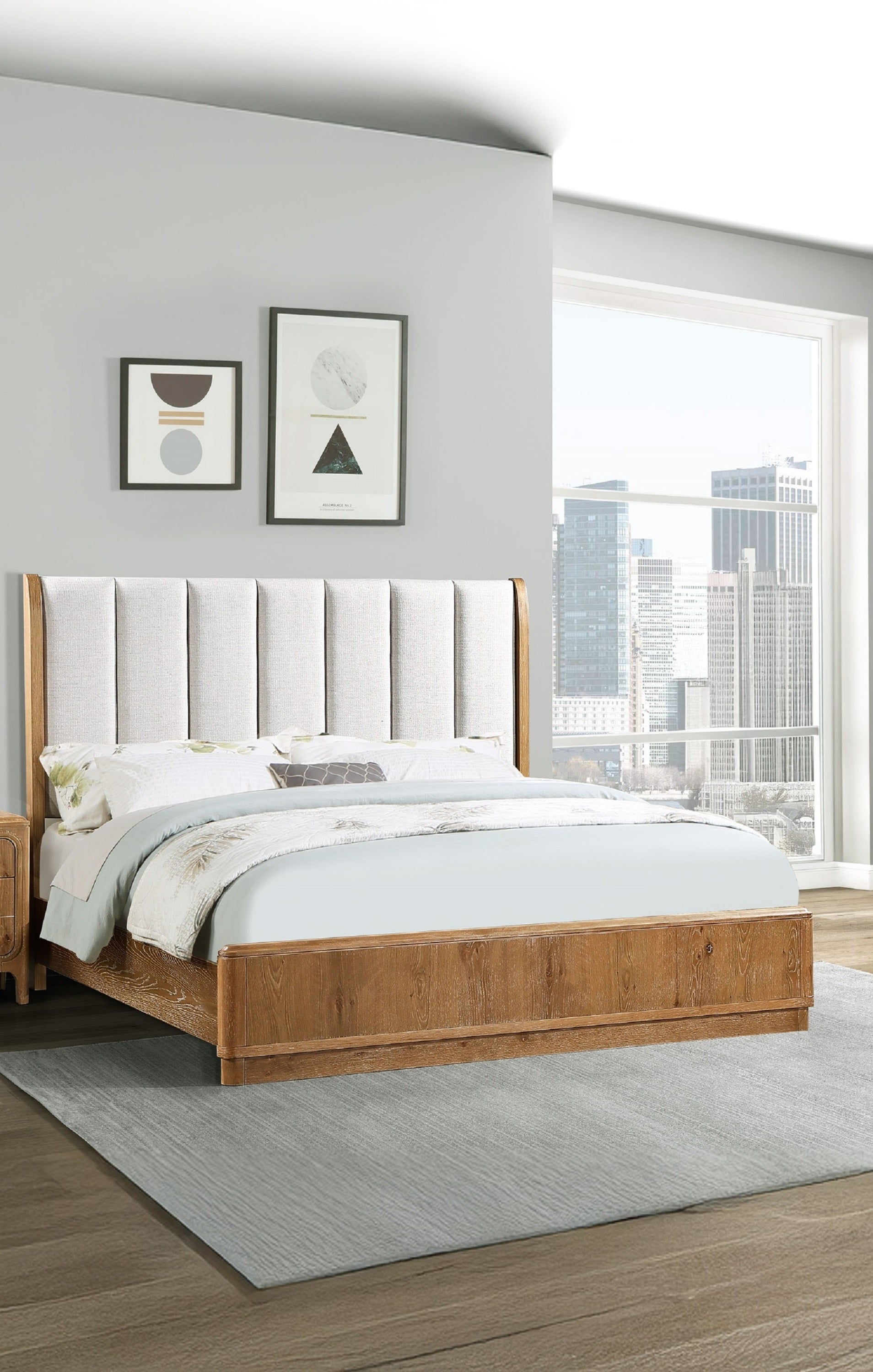1pc King Bed Beautifully Off-White Upholstered Headboard Fram Rich Natural Wood Finish Brown Wooden Bedroom Furniture Bed Frame