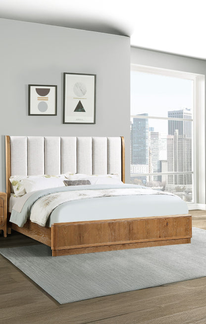 1pc King Bed Beautifully Off-White Upholstered Headboard Fram Rich Natural Wood Finish Brown Wooden Bedroom Furniture Bed Frame
