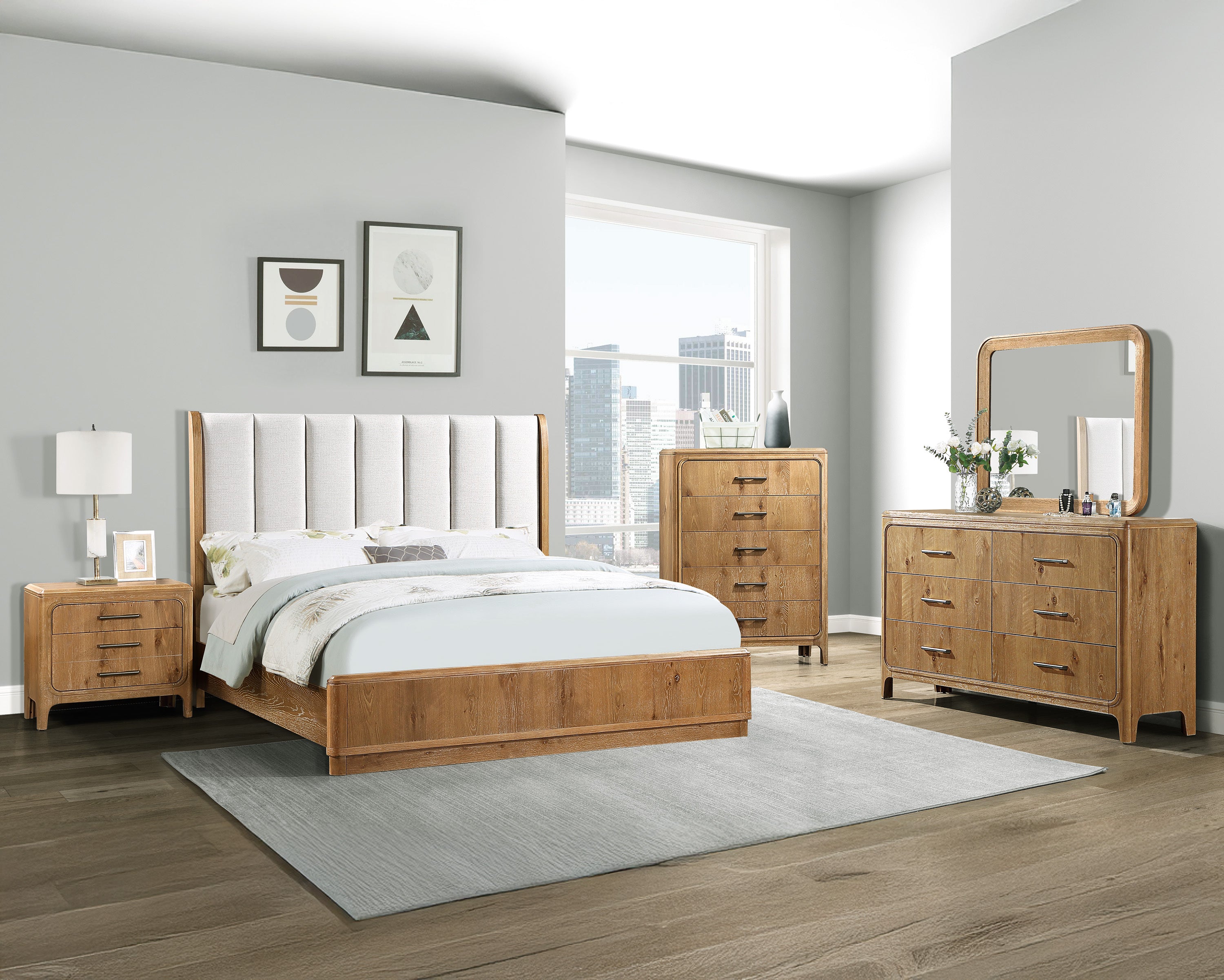 1pc King Bed Beautifully Off-White Upholstered Headboard Fram Rich Natural Wood Finish Brown Wooden Bedroom Furniture Bed Frame