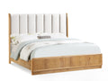 1pc King Bed Beautifully Off-White Upholstered Headboard Fram Rich Natural Wood Finish Brown Wooden Bedroom Furniture Bed Frame
