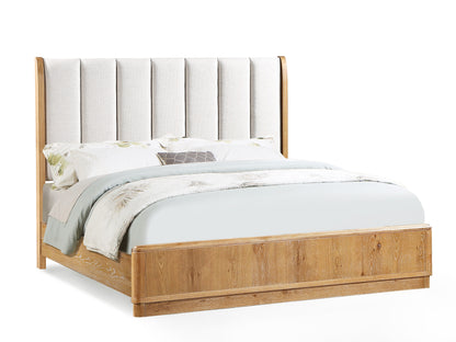 1pc King Bed Beautifully Off-White Upholstered Headboard Fram Rich Natural Wood Finish Brown Wooden Bedroom Furniture Bed Frame