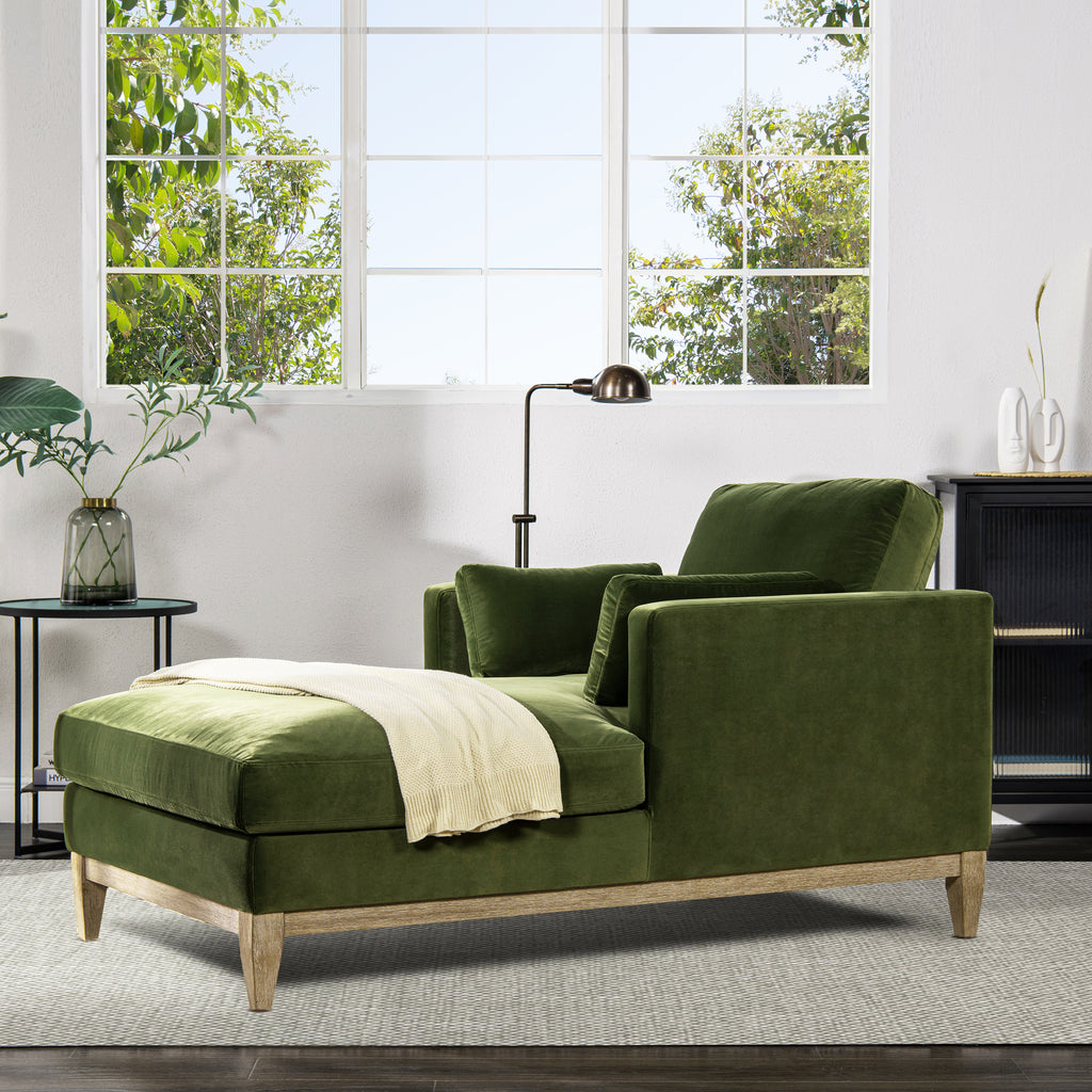 Knox 65' Modern Farmhouse Chaise Lounge Chair, Olive Green Performance Velvet
