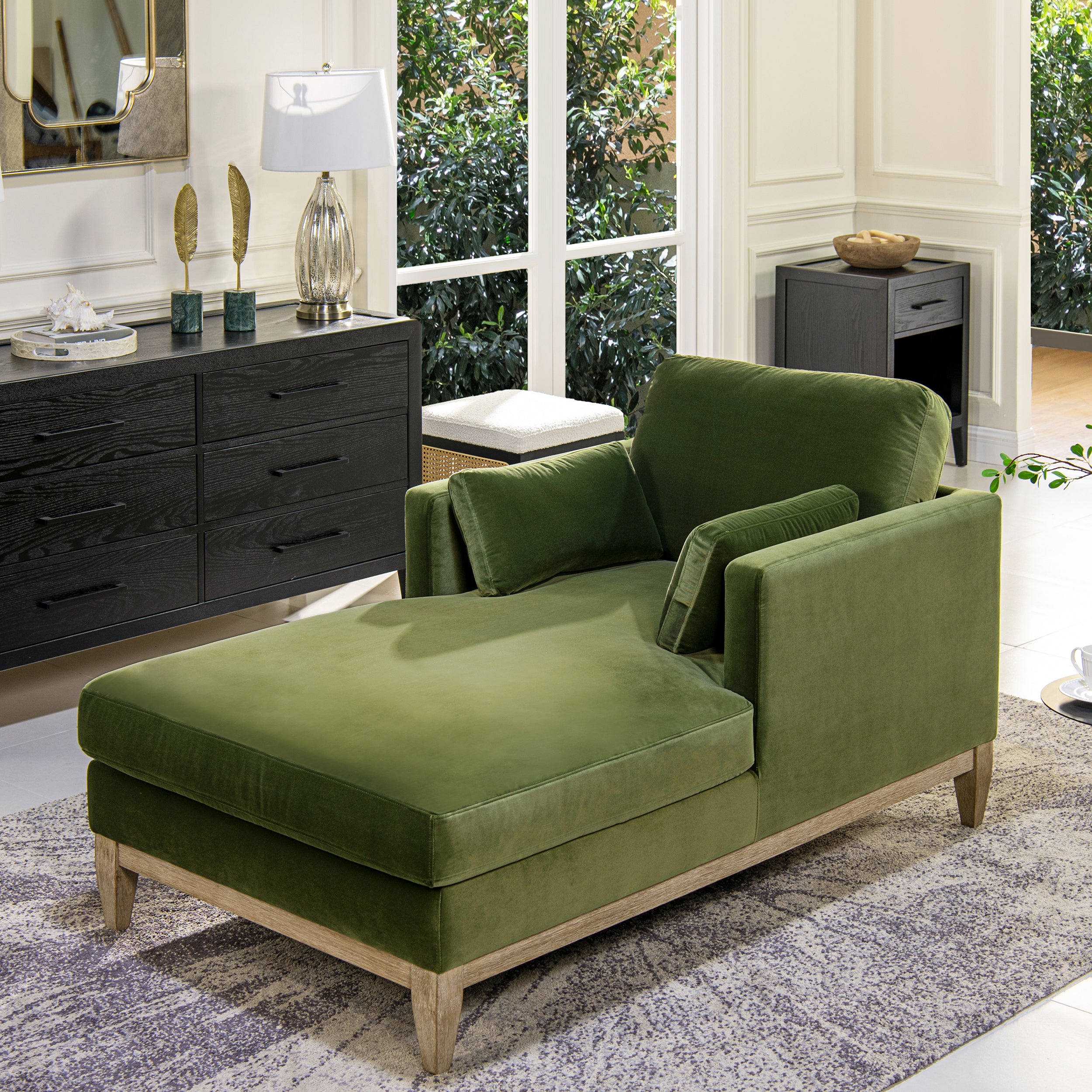 Knox 65' Modern Farmhouse Chaise Lounge Chair, Olive Green Performance Velvet