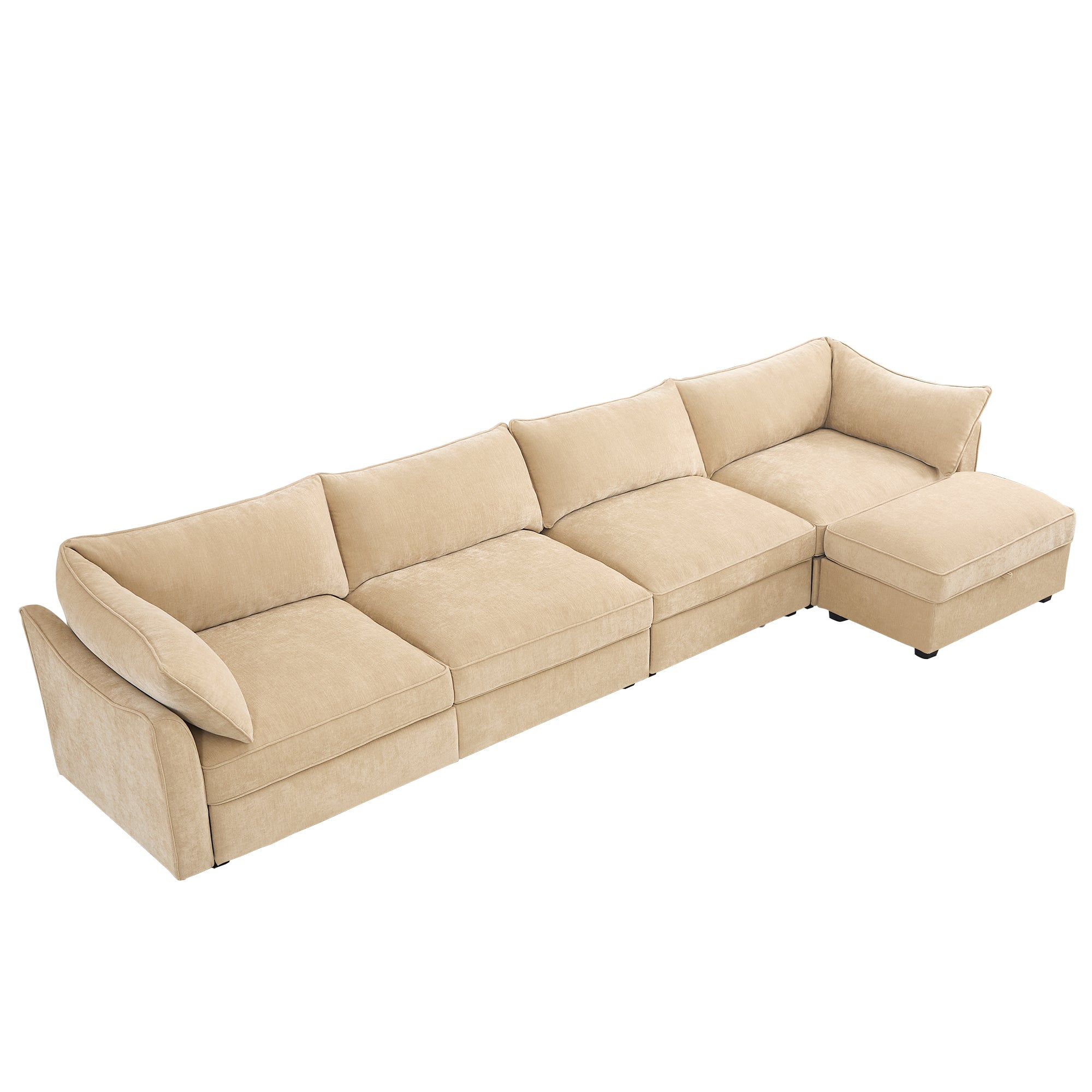 L-Shaped Chenille Sectional Sofa with Ottoman, Wheat.