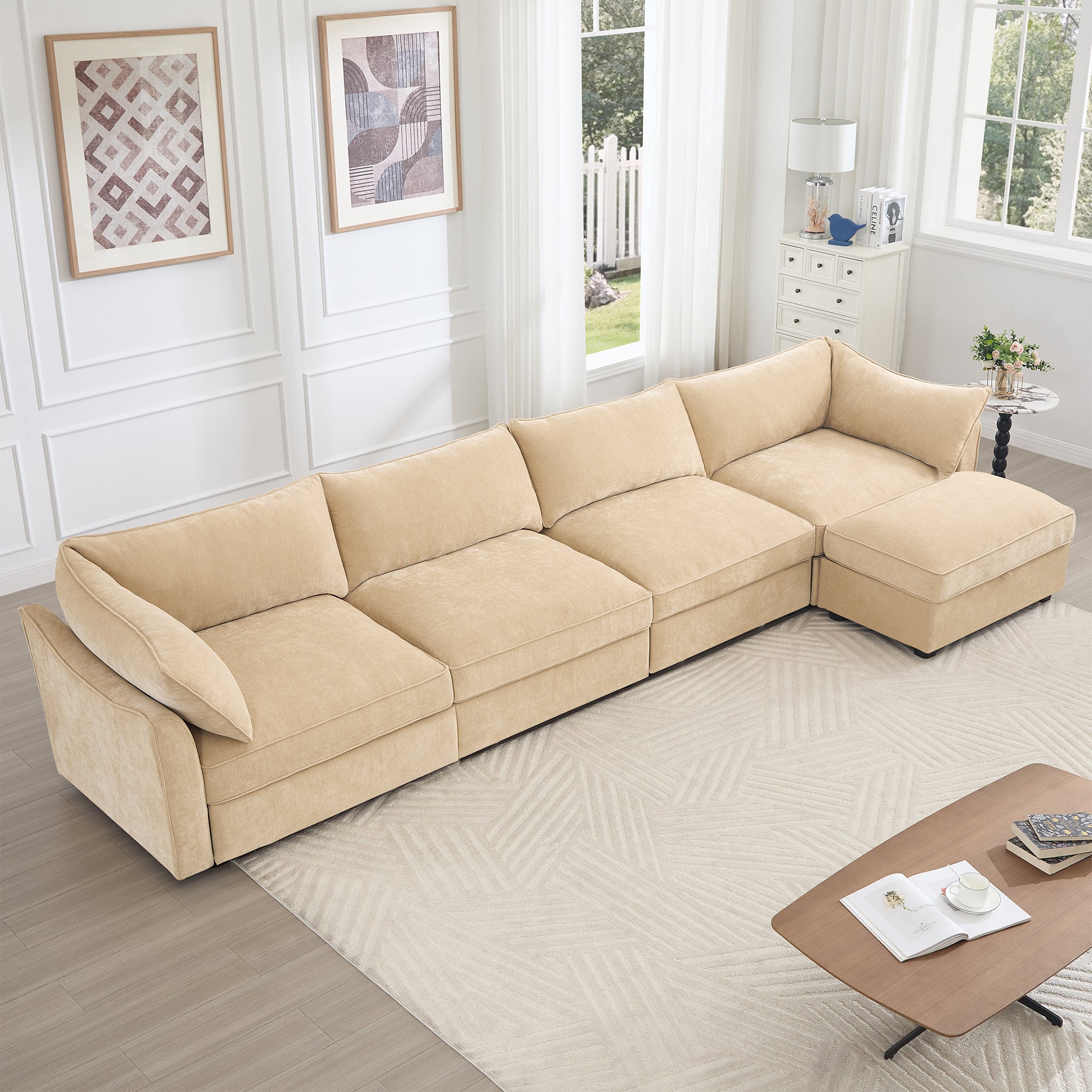 L-Shaped 4 Seater Sectional Sofa Couch,4-seat Sofa with 1 Movable Ottoman, Cushions, Comfy Sectional Sofa with 5 Seats and Storage Pull out Drawer Under Each Seat,Chenille Color Wheat