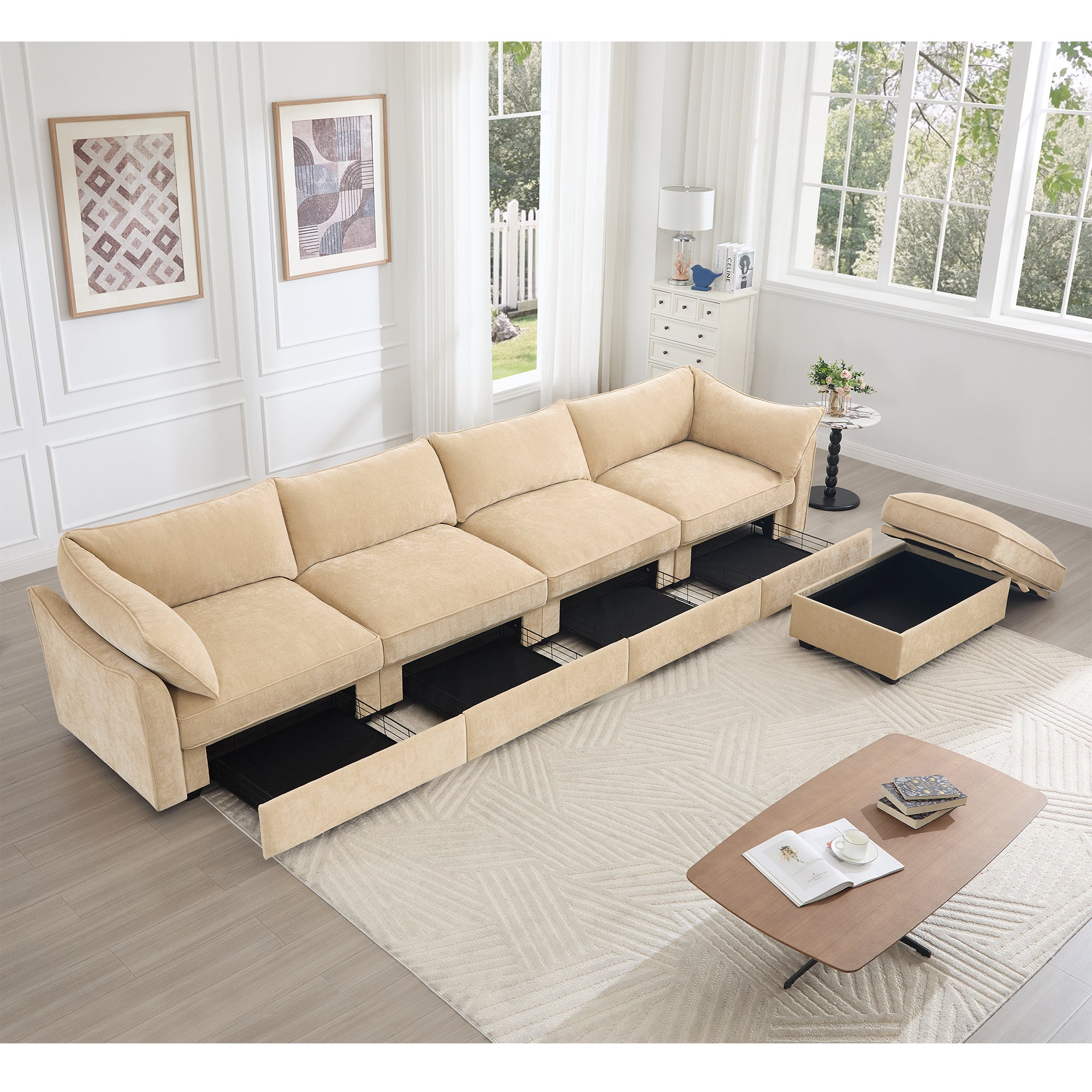 L-Shaped 4 Seater Sectional Sofa Couch,4-seat Sofa with 1 Movable Ottoman, Cushions, Comfy Sectional Sofa with 5 Seats and Storage Pull out Drawer Under Each Seat,Chenille Color Wheat