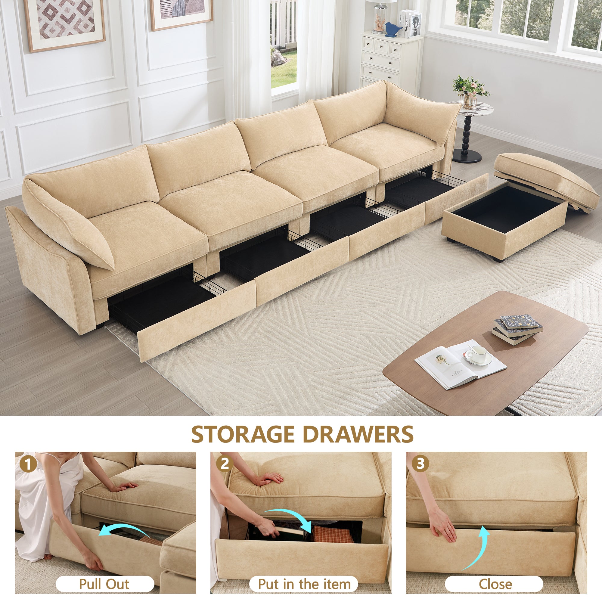 L-Shaped 4 Seater Sectional Sofa Couch,4-seat Sofa with 1 Movable Ottoman, Cushions, Comfy Sectional Sofa with 5 Seats and Storage Pull out Drawer Under Each Seat,Chenille Color Wheat