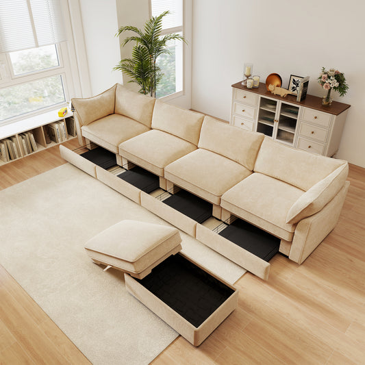 L-Shaped 4 Seater Sectional Sofa Couch,4-seat Sofa with 1 Movable Ottoman, Cushions, Comfy Sectional Sofa with 5 Seats and Storage Pull out Drawer Under Each Seat,Chenille Color Wheat