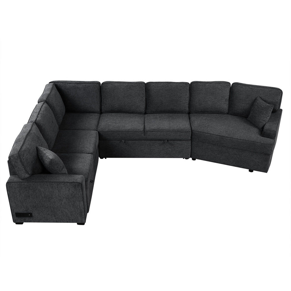 126' L-shaped Sofa Sectional Sofa Couch Pull-out Sofa Bed with Charging Devices and Cup Holders for Living Room, Blue Black