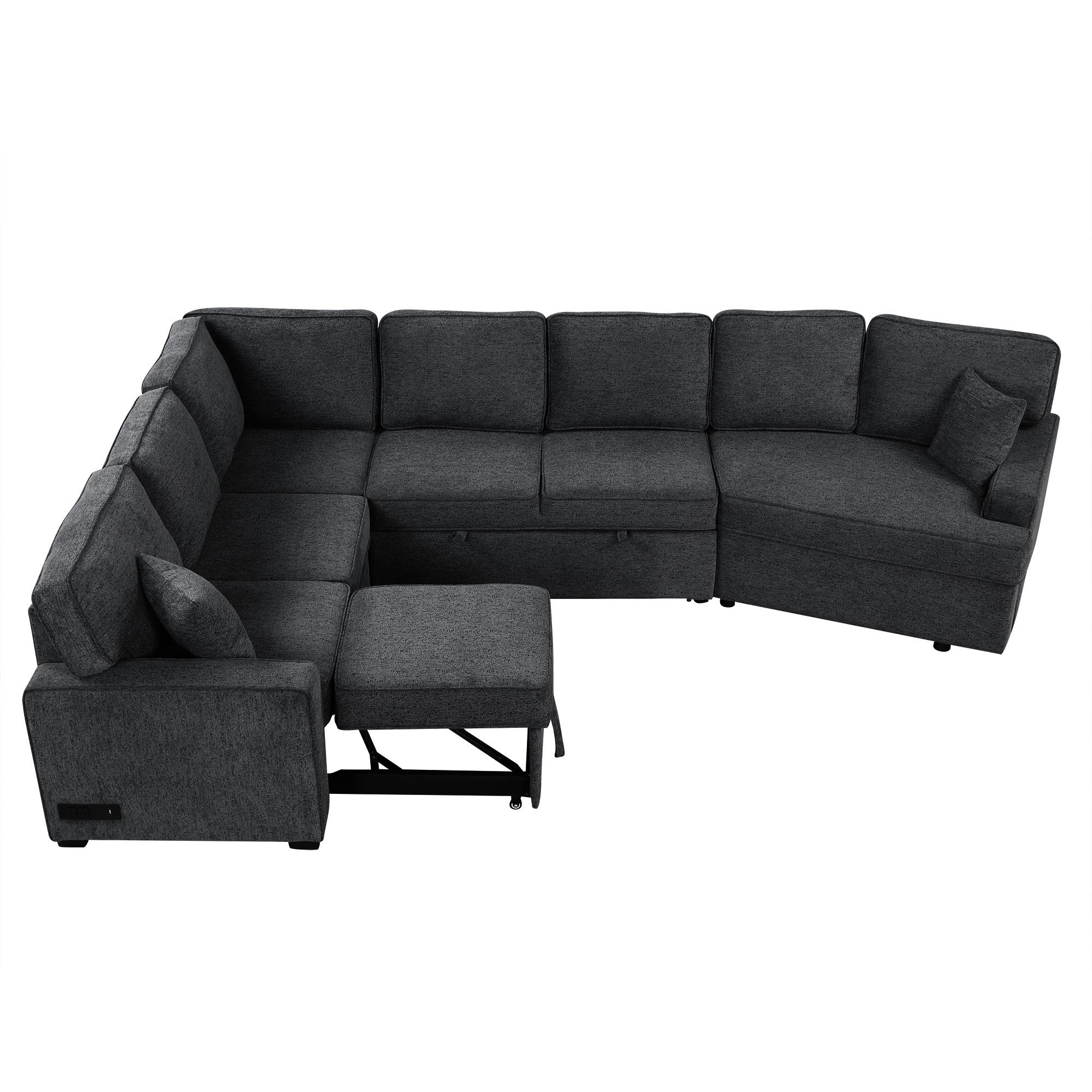 126' L-shaped Sofa Sectional Sofa Couch Pull-out Sofa Bed with Charging Devices and Cup Holders for Living Room, Blue Black