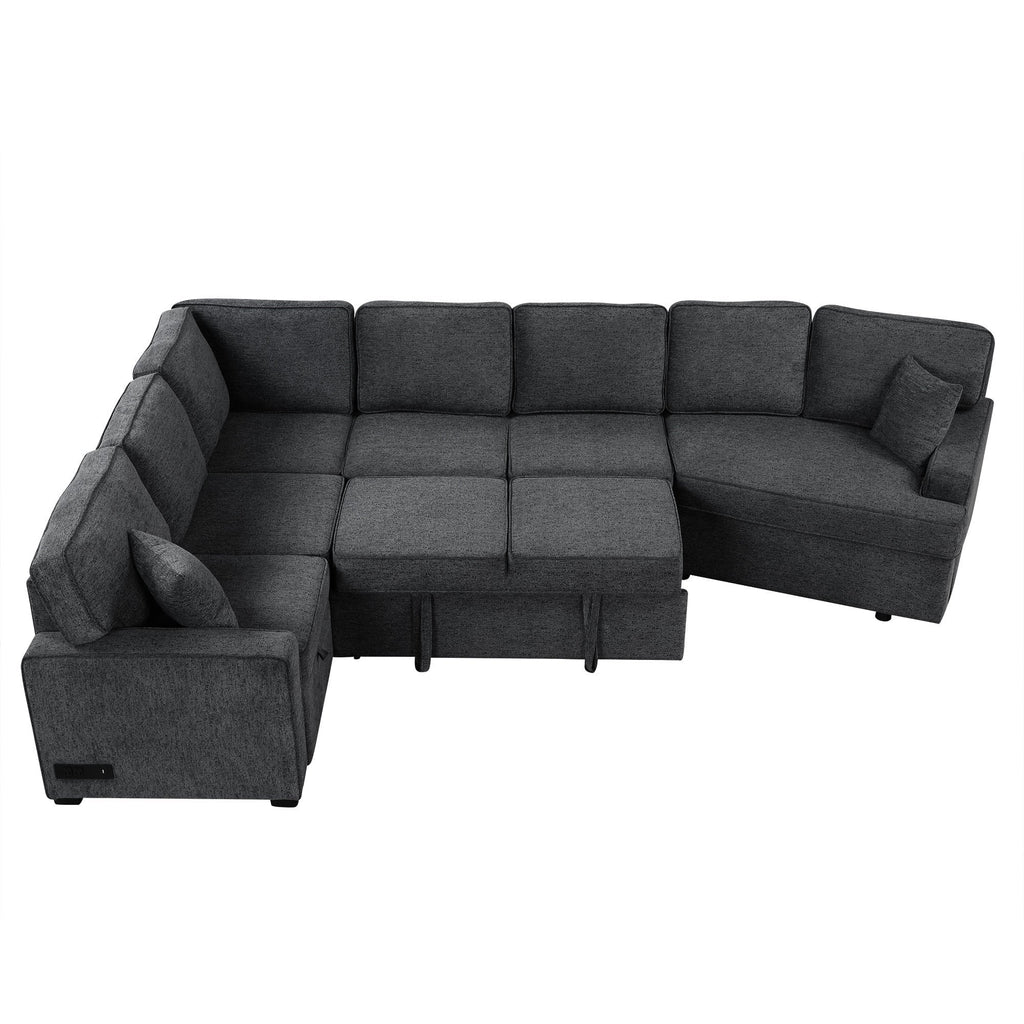126' L-shaped Sofa Sectional Sofa Couch Pull-out Sofa Bed with Charging Devices and Cup Holders for Living Room, Blue Black