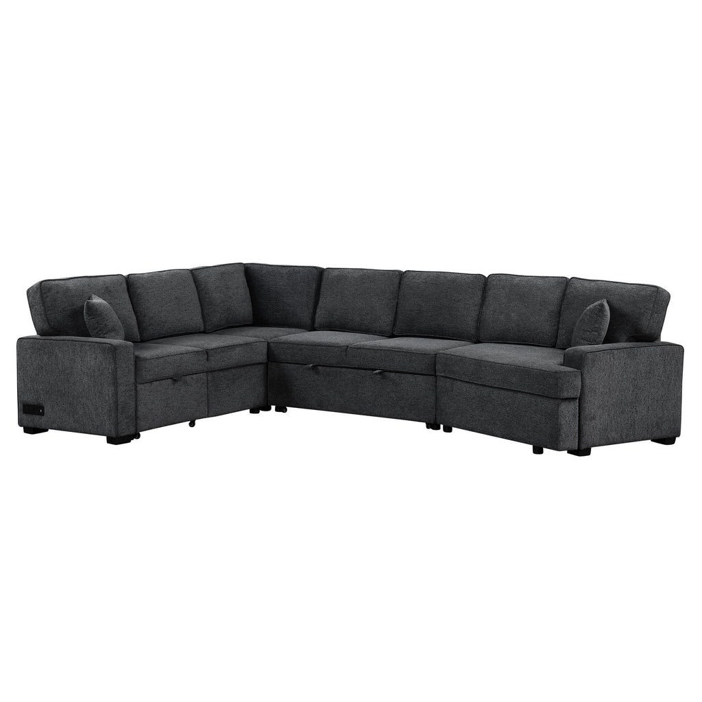 126' L-shaped Sofa Sectional Sofa Couch Pull-out Sofa Bed with Charging Devices and Cup Holders for Living Room, Blue Black