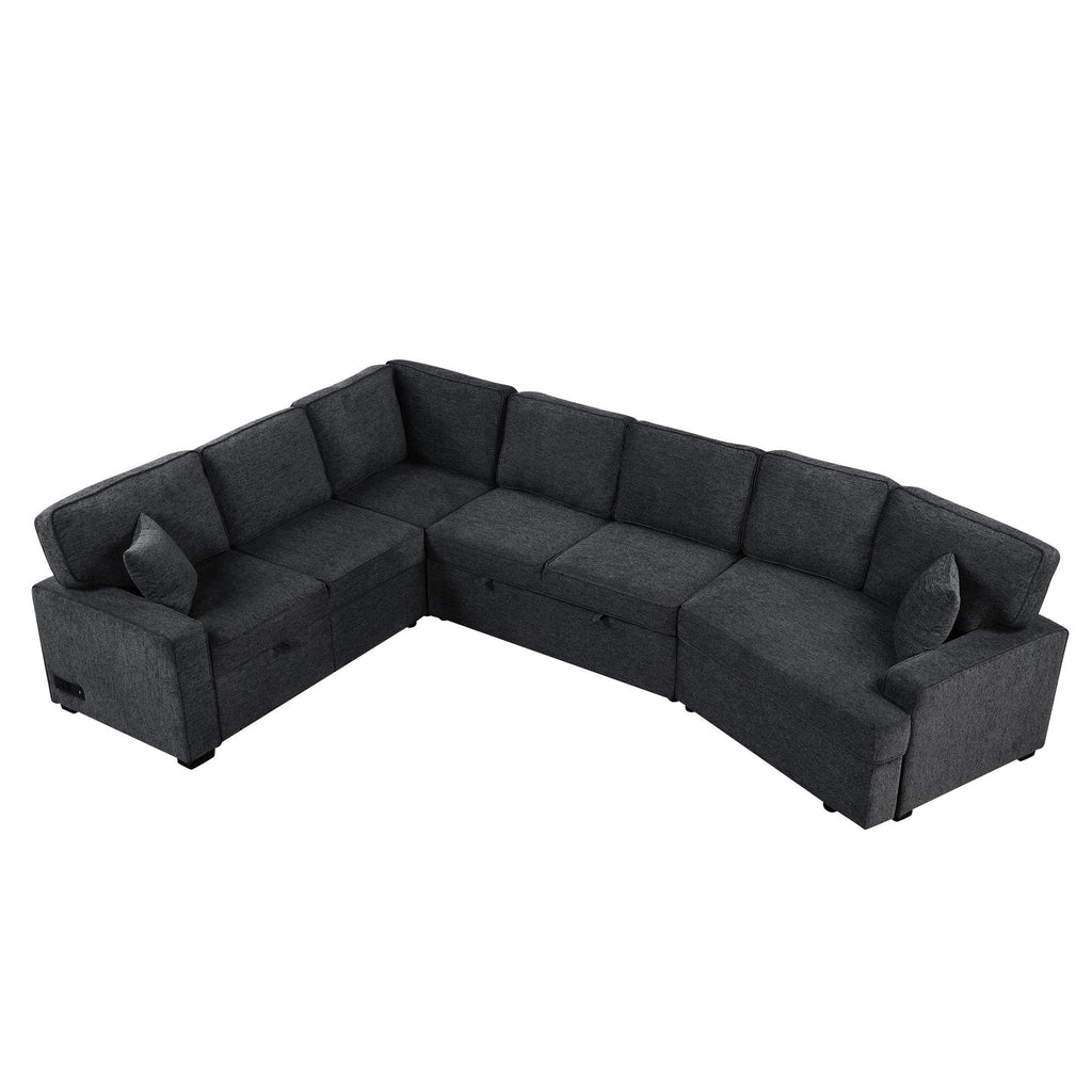 126' L-shaped Sofa Sectional Sofa Couch Pull-out Sofa Bed with Charging Devices and Cup Holders for Living Room, Blue Black