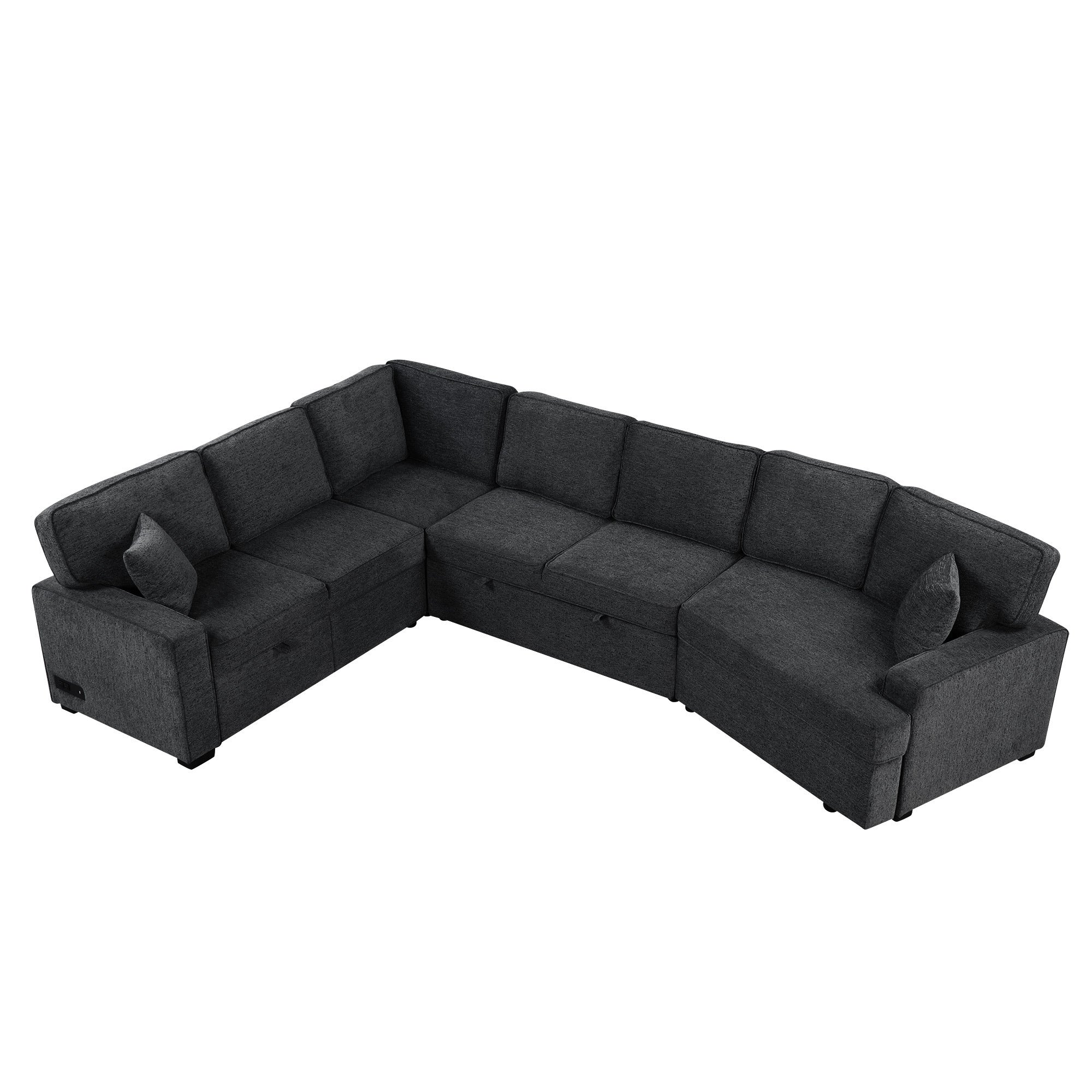 126' L-shaped Sofa Sectional Sofa Couch Pull-out Sofa Bed with Charging Devices and Cup Holders for Living Room, Blue Black