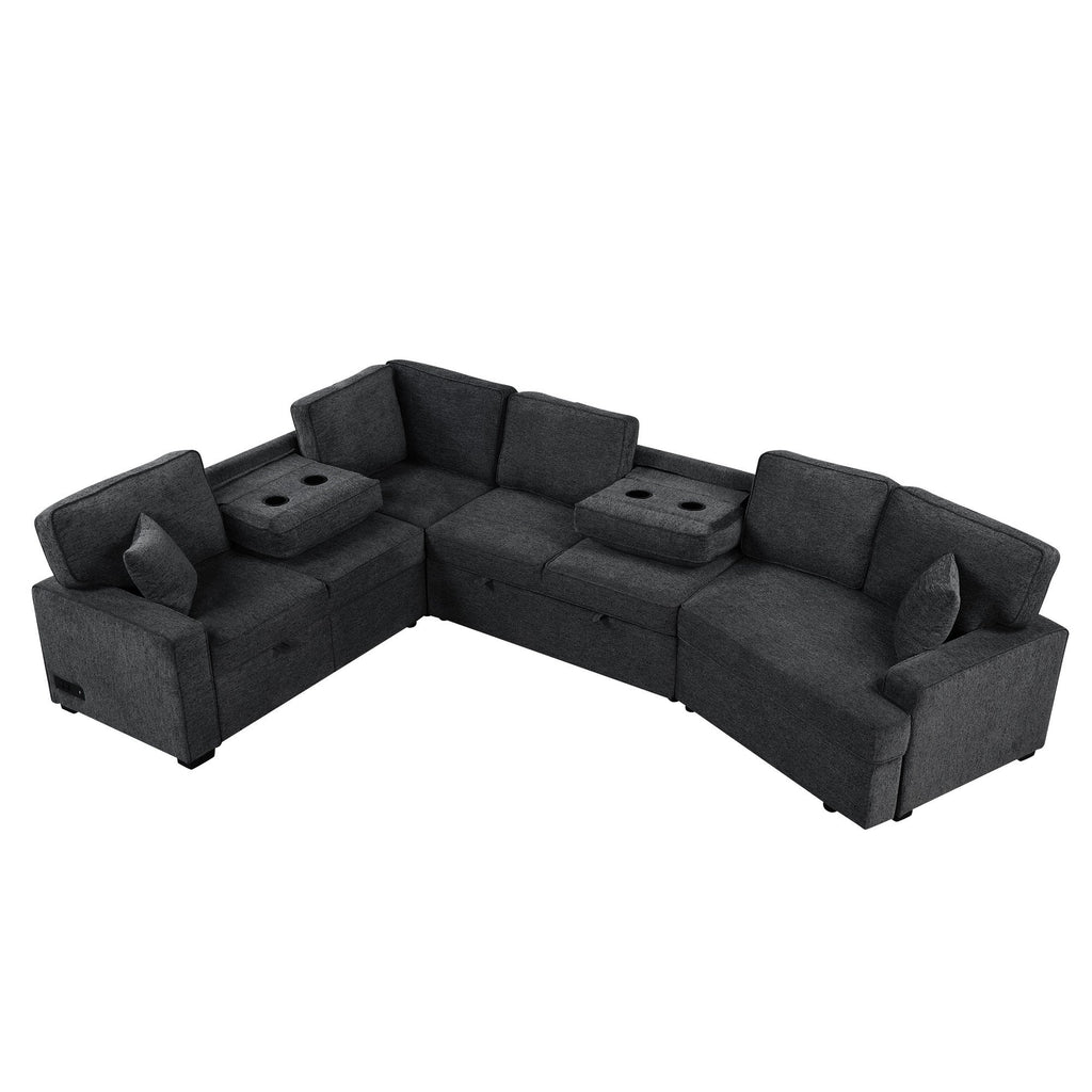 126' L-shaped Sofa Sectional Sofa Couch Pull-out Sofa Bed with Charging Devices and Cup Holders for Living Room, Blue Black