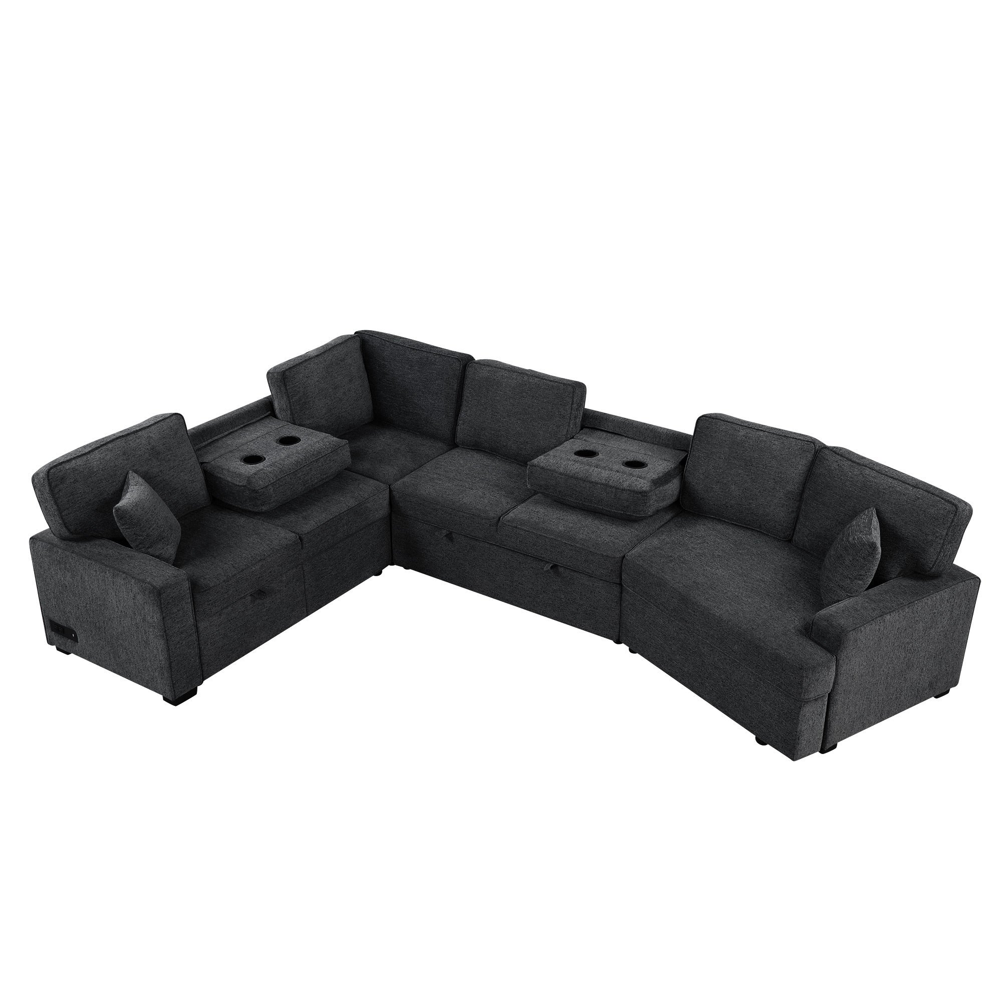 126' L-shaped Sofa Sectional Sofa Couch Pull-out Sofa Bed with Charging Devices and Cup Holders for Living Room, Blue Black