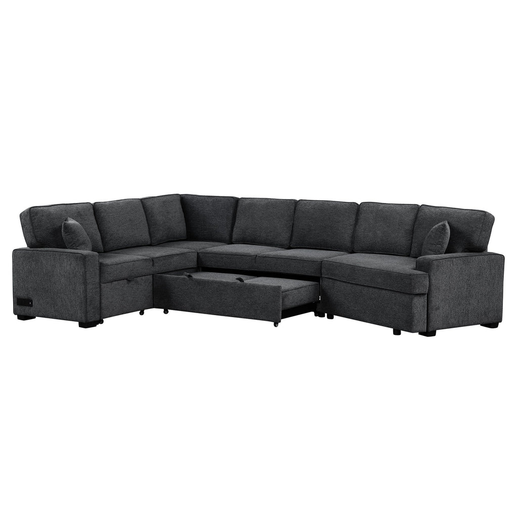 126' L-shaped Sofa Sectional Sofa Couch Pull-out Sofa Bed with Charging Devices and Cup Holders for Living Room, Blue Black