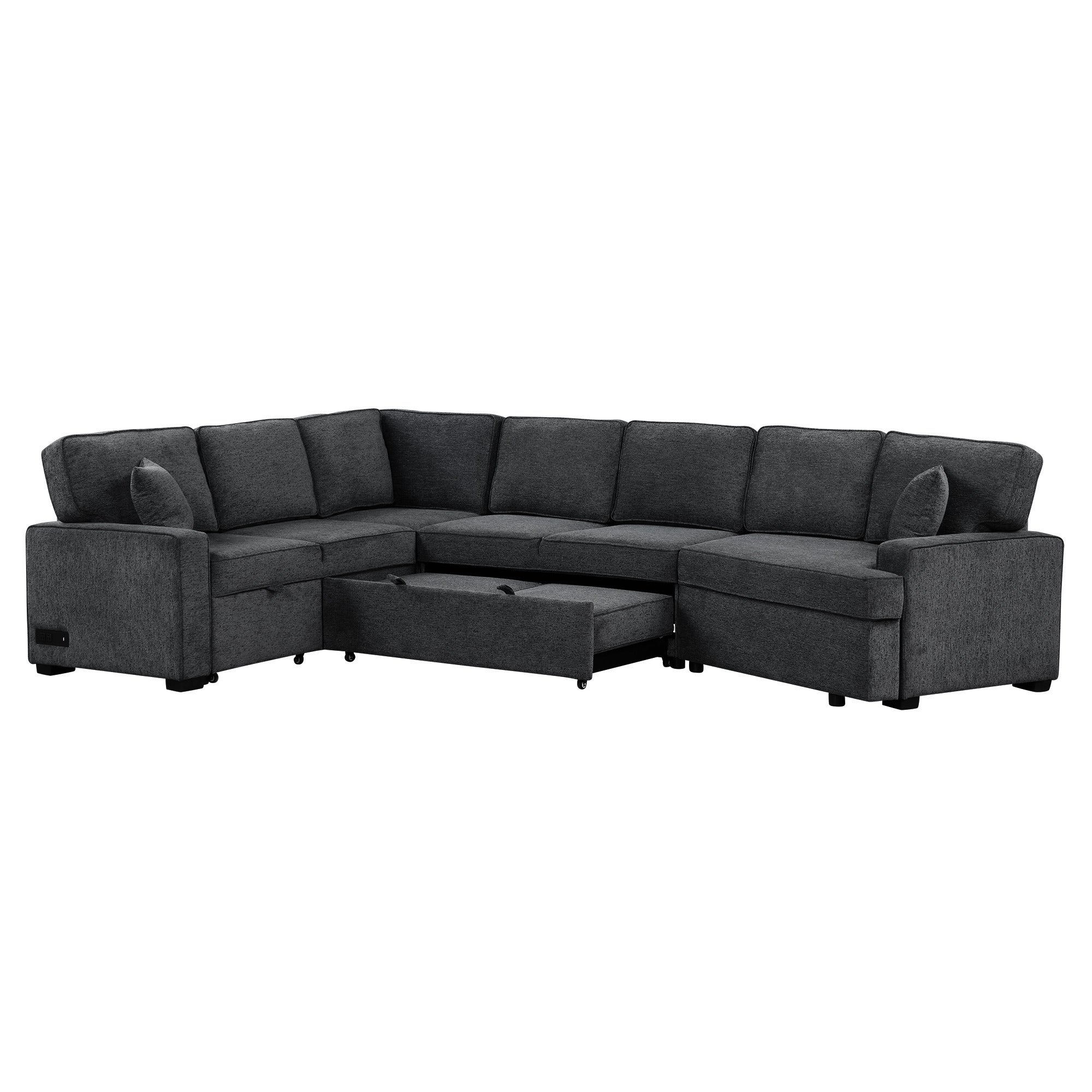 126' L-shaped Sofa Sectional Sofa Couch Pull-out Sofa Bed with Charging Devices and Cup Holders for Living Room, Blue Black