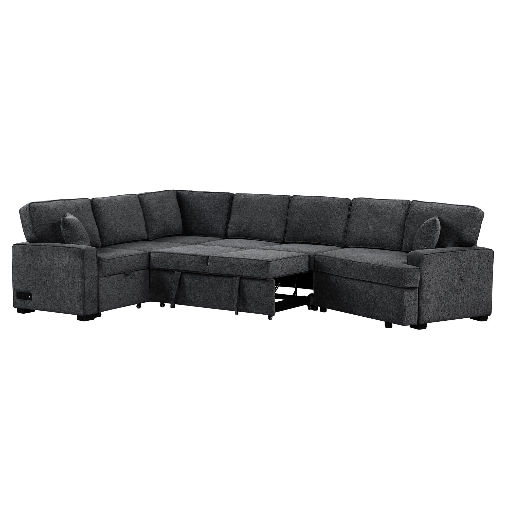 126' L-shaped Sofa Sectional Sofa Couch Pull-out Sofa Bed with Charging Devices and Cup Holders for Living Room, Blue Black
