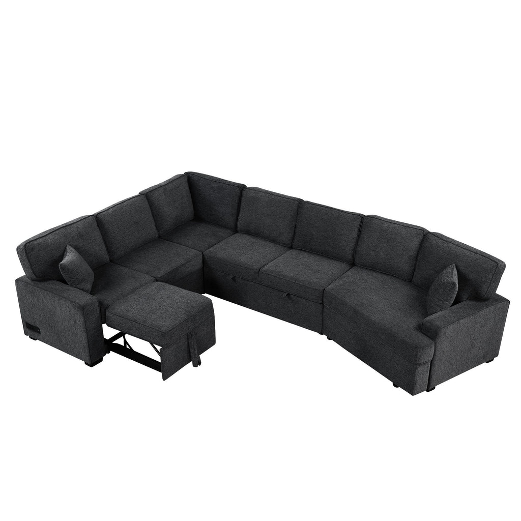 126' L-shaped Sofa Sectional Sofa Couch Pull-out Sofa Bed with Charging Devices and Cup Holders for Living Room, Blue Black