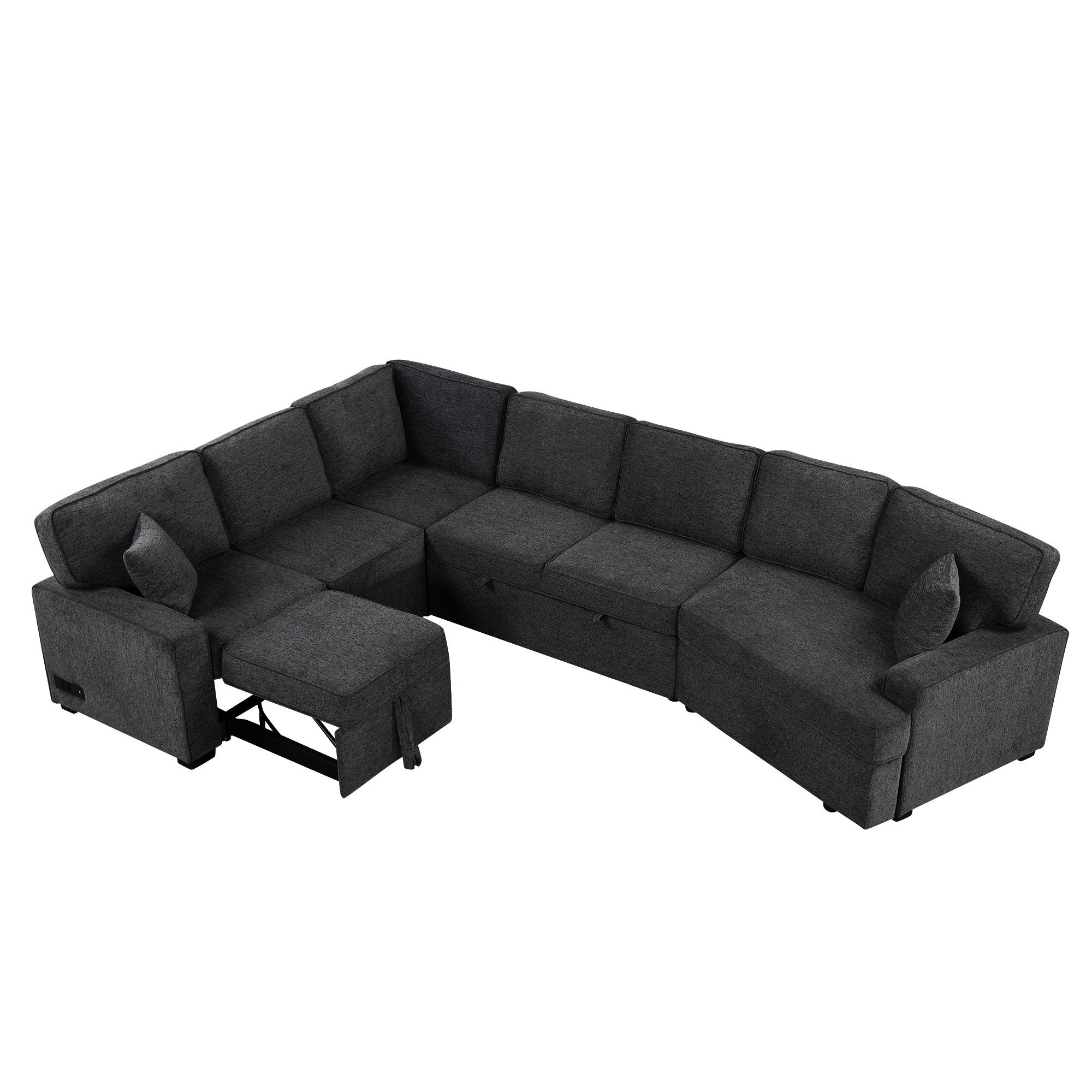 126' L-shaped Sofa Sectional Sofa Couch Pull-out Sofa Bed with Charging Devices and Cup Holders for Living Room, Blue Black