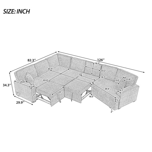126' L-shaped Sofa Sectional Sofa Couch Pull-out Sofa Bed with Charging Devices and Cup Holders for Living Room, Blue Black