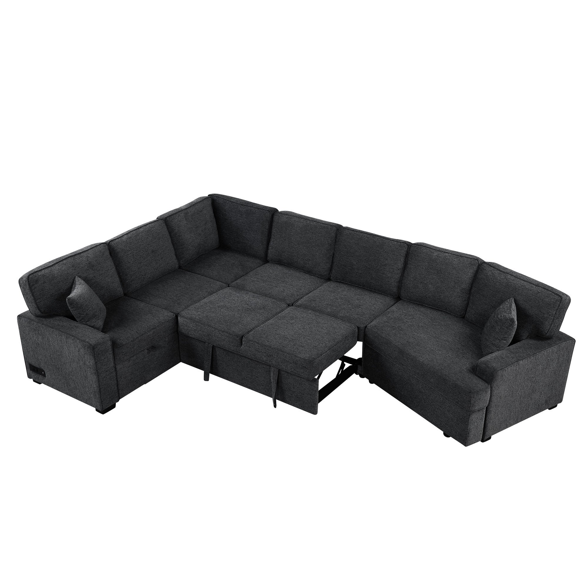 126' L-shaped Sofa Sectional Sofa Couch Pull-out Sofa Bed with Charging Devices and Cup Holders for Living Room, Blue Black