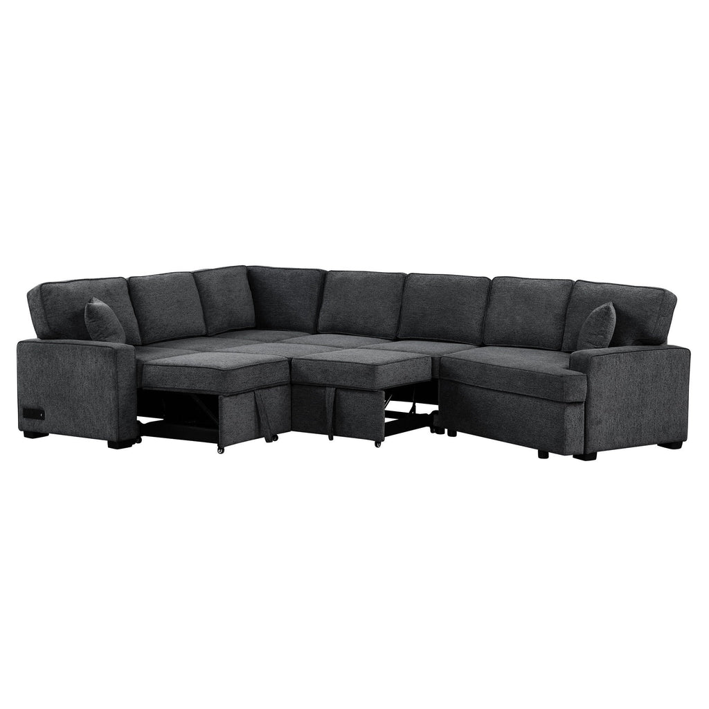 126' L-shaped Sofa Sectional Sofa Couch Pull-out Sofa Bed with Charging Devices and Cup Holders for Living Room, Blue Black