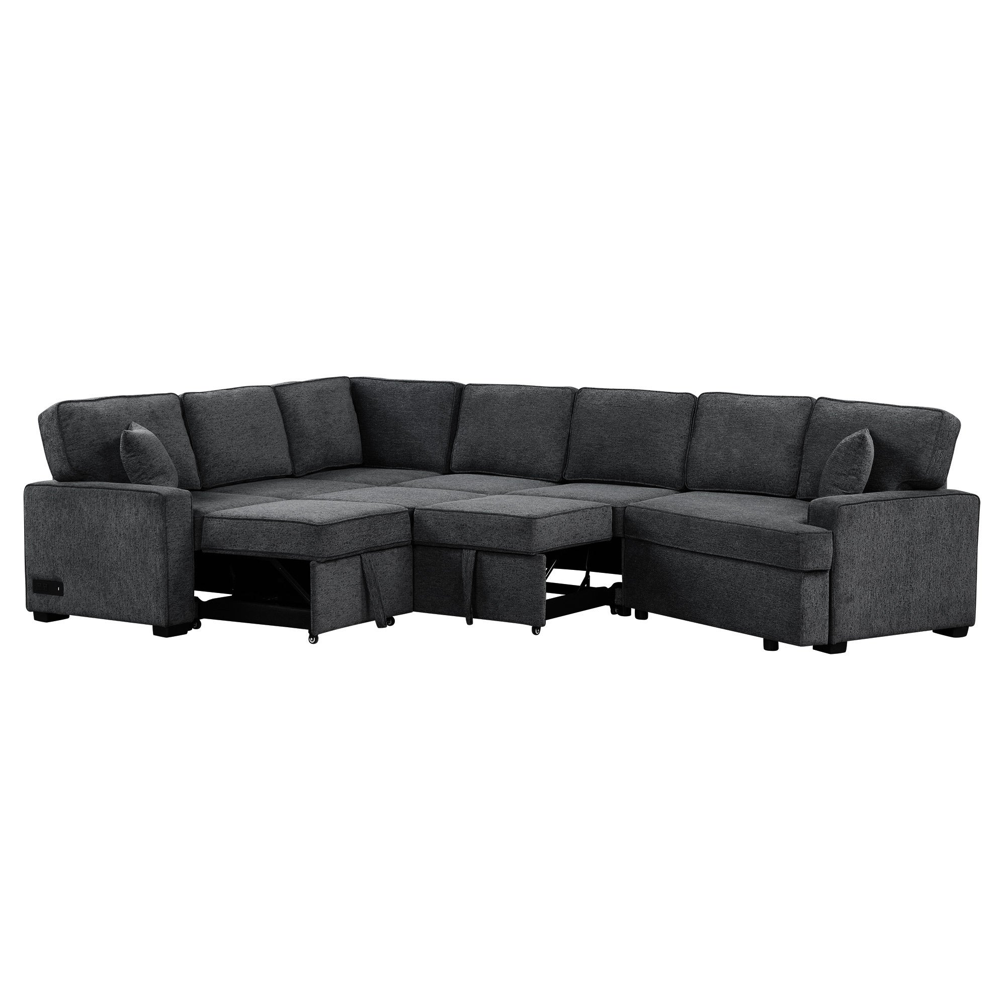 126' L-shaped Sofa Sectional Sofa Couch Pull-out Sofa Bed with Charging Devices and Cup Holders for Living Room, Blue Black