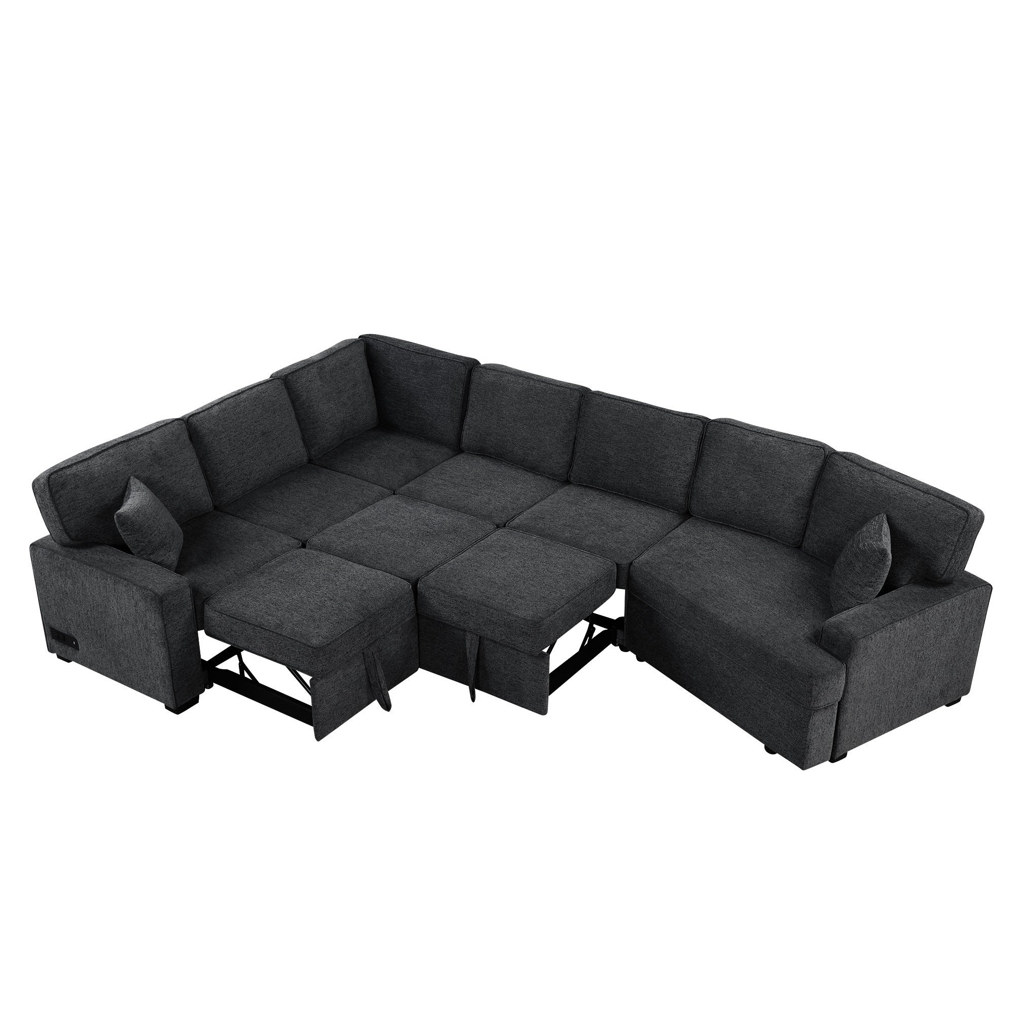 126' L-shaped Sofa Sectional Sofa Couch Pull-out Sofa Bed with Charging Devices and Cup Holders for Living Room, Blue Black