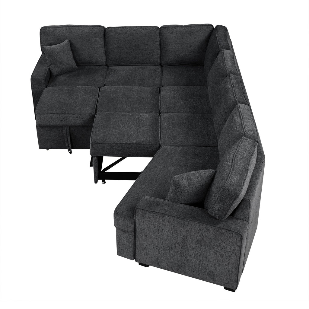 126' L-shaped Sofa Sectional Sofa Couch Pull-out Sofa Bed with Charging Devices and Cup Holders for Living Room, Blue Black