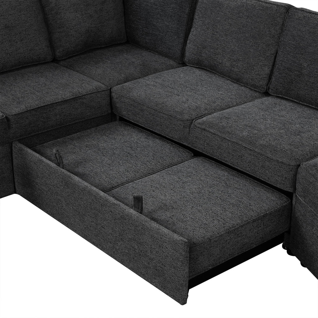 126' L-shaped Sofa Sectional Sofa Couch Pull-out Sofa Bed with Charging Devices and Cup Holders for Living Room, Blue Black