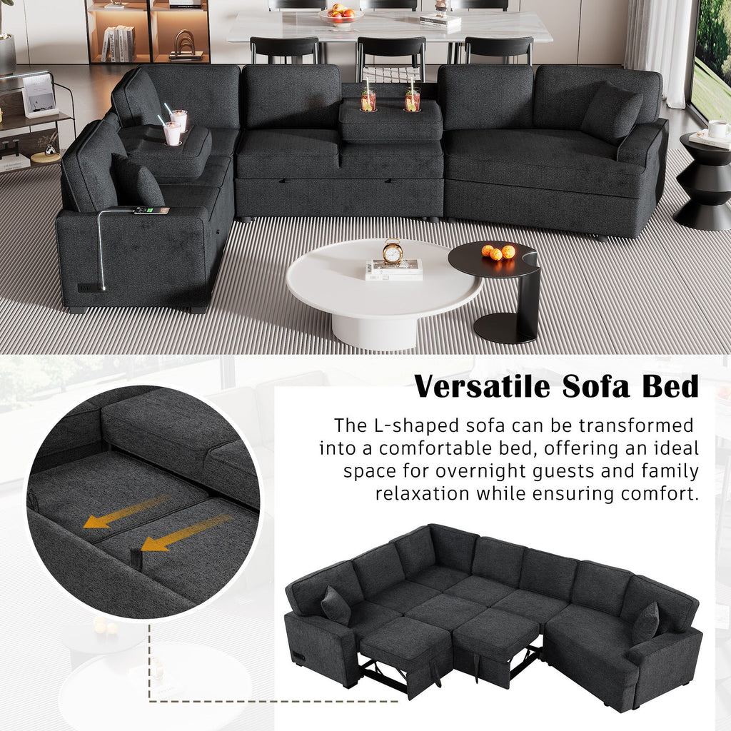 126' L-shaped Sofa Sectional Sofa Couch Pull-out Sofa Bed with Charging Devices and Cup Holders for Living Room, Blue Black