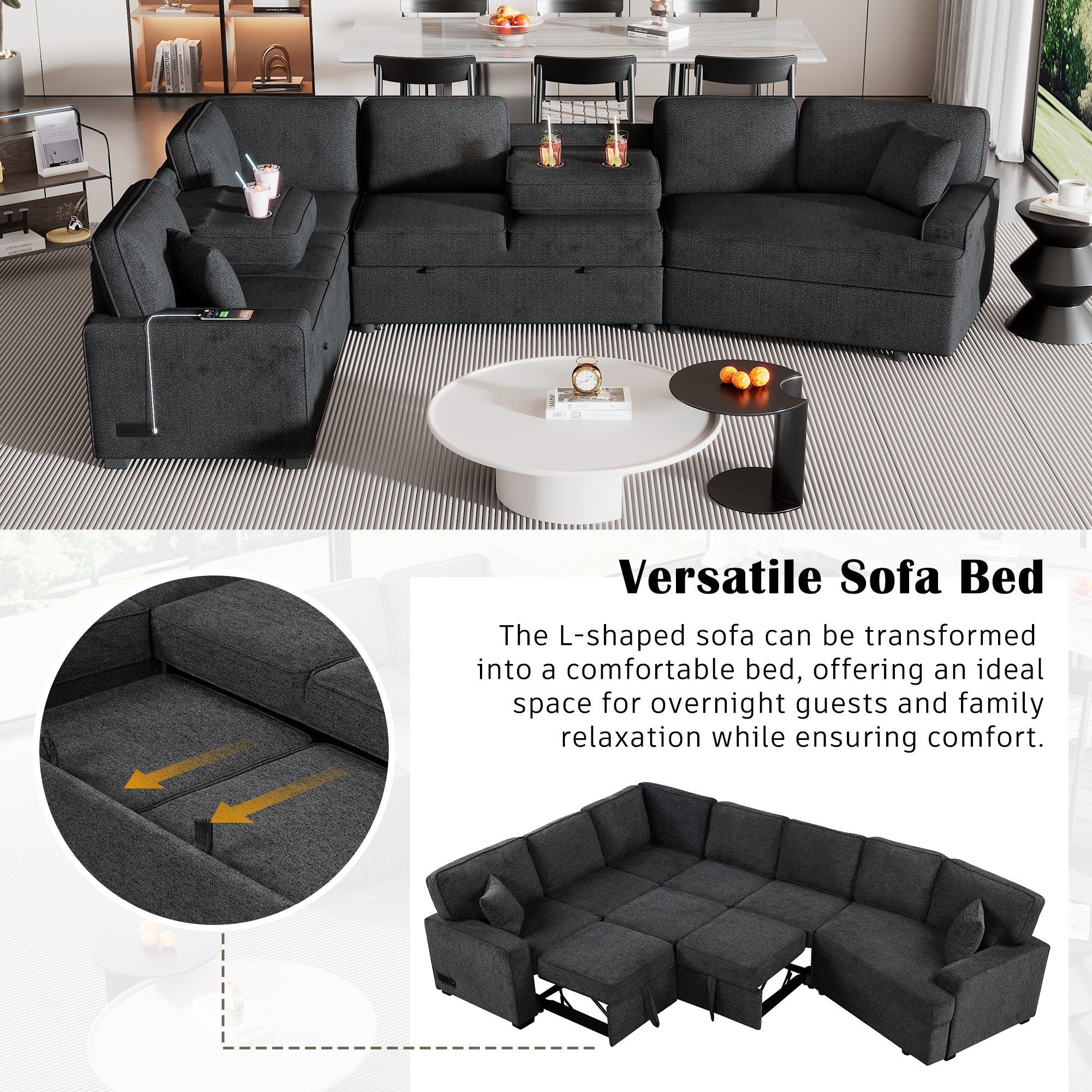 126' L-shaped Sofa Sectional Sofa Couch Pull-out Sofa Bed with Charging Devices and Cup Holders for Living Room, Blue Black