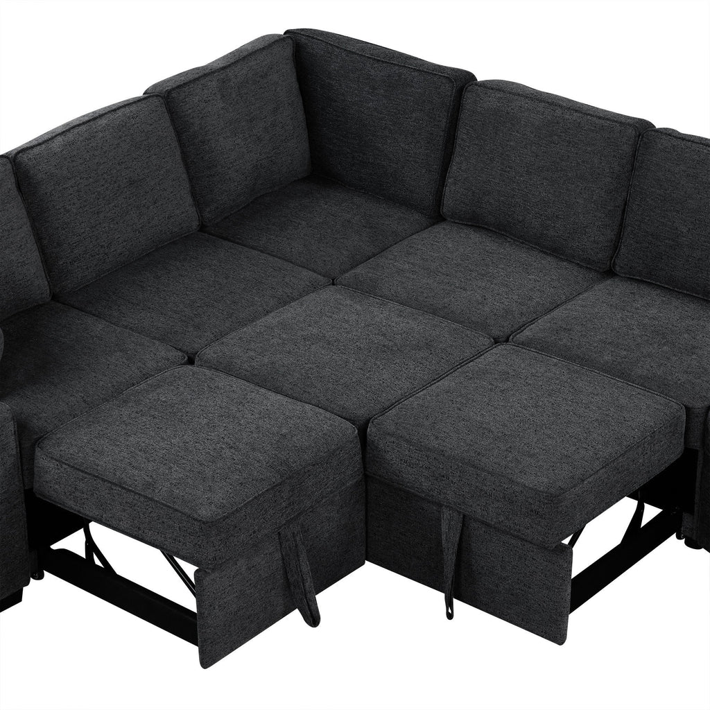 126' L-shaped Sofa Sectional Sofa Couch Pull-out Sofa Bed with Charging Devices and Cup Holders for Living Room, Blue Black