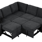 126' L-shaped Sofa Sectional Sofa Couch Pull-out Sofa Bed with Charging Devices and Cup Holders for Living Room, Blue Black