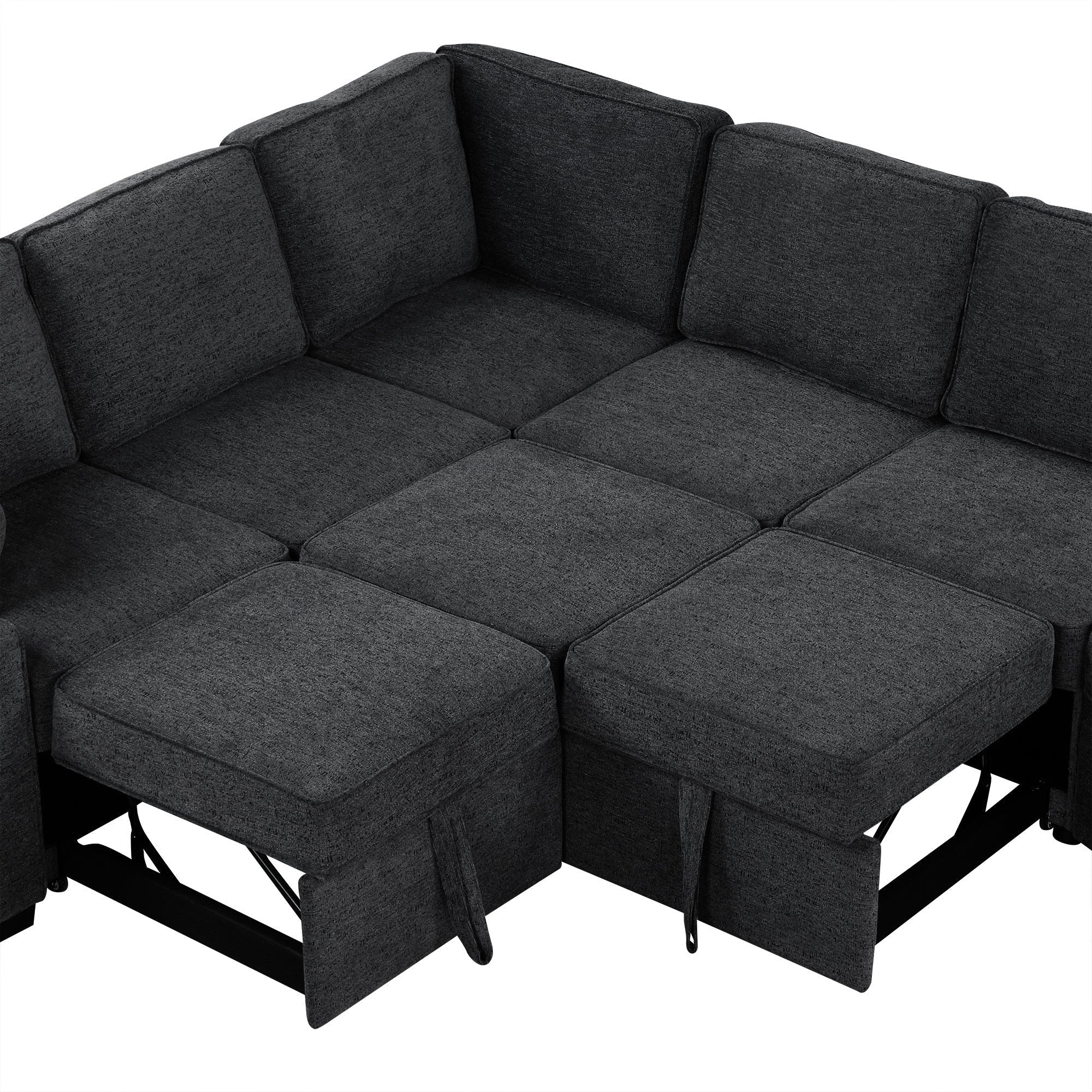 126' L-shaped Sofa Sectional Sofa Couch Pull-out Sofa Bed with Charging Devices and Cup Holders for Living Room, Blue Black