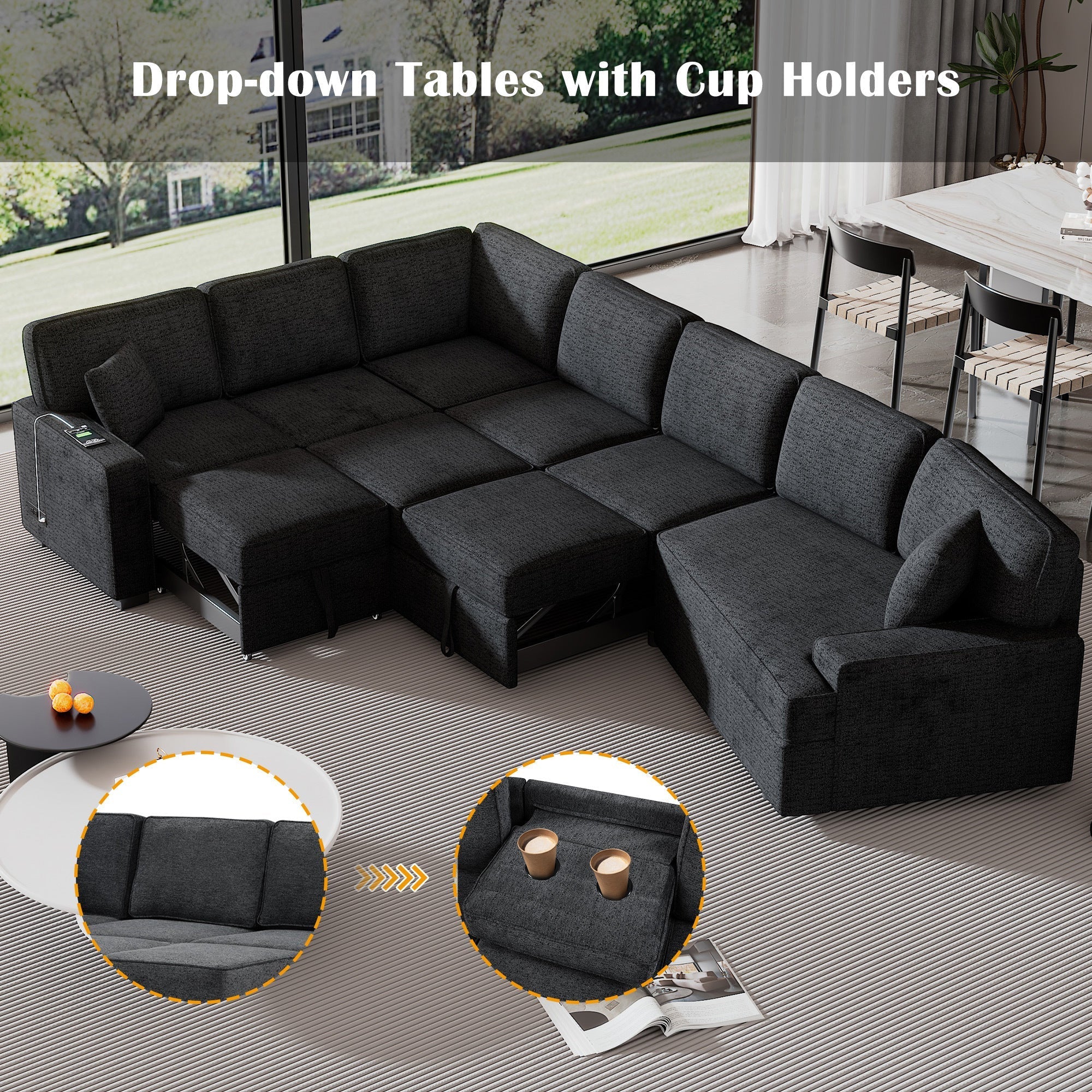 126' L-shaped Sofa Sectional Sofa Couch Pull-out Sofa Bed with Charging Devices and Cup Holders for Living Room, Blue Black