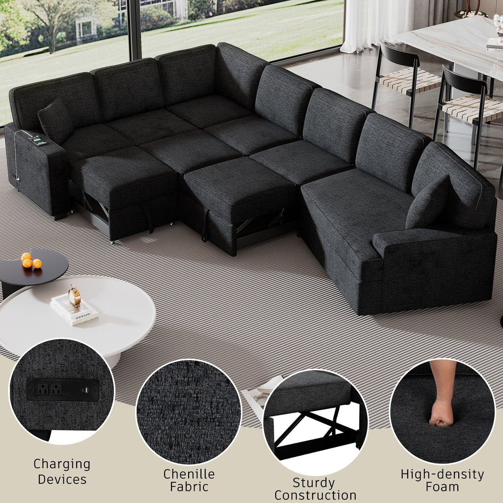 126' L-shaped Sofa Sectional Sofa Couch Pull-out Sofa Bed with Charging Devices and Cup Holders for Living Room, Blue Black