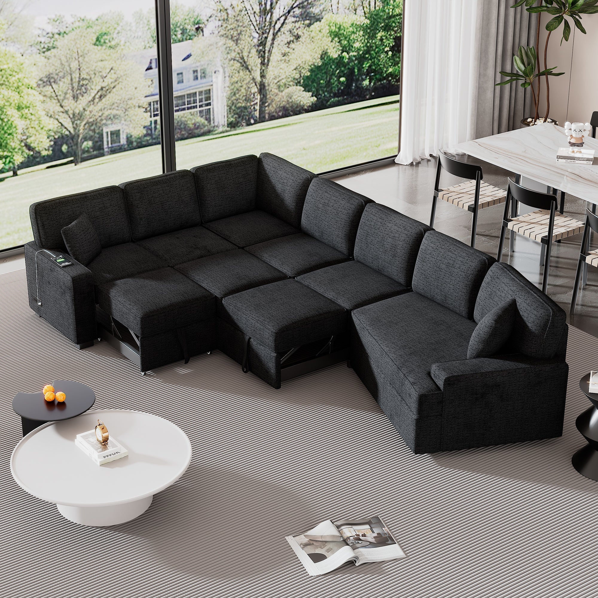 126' L-shaped Sofa Sectional Sofa Couch Pull-out Sofa Bed with Charging Devices and Cup Holders for Living Room, Blue Black