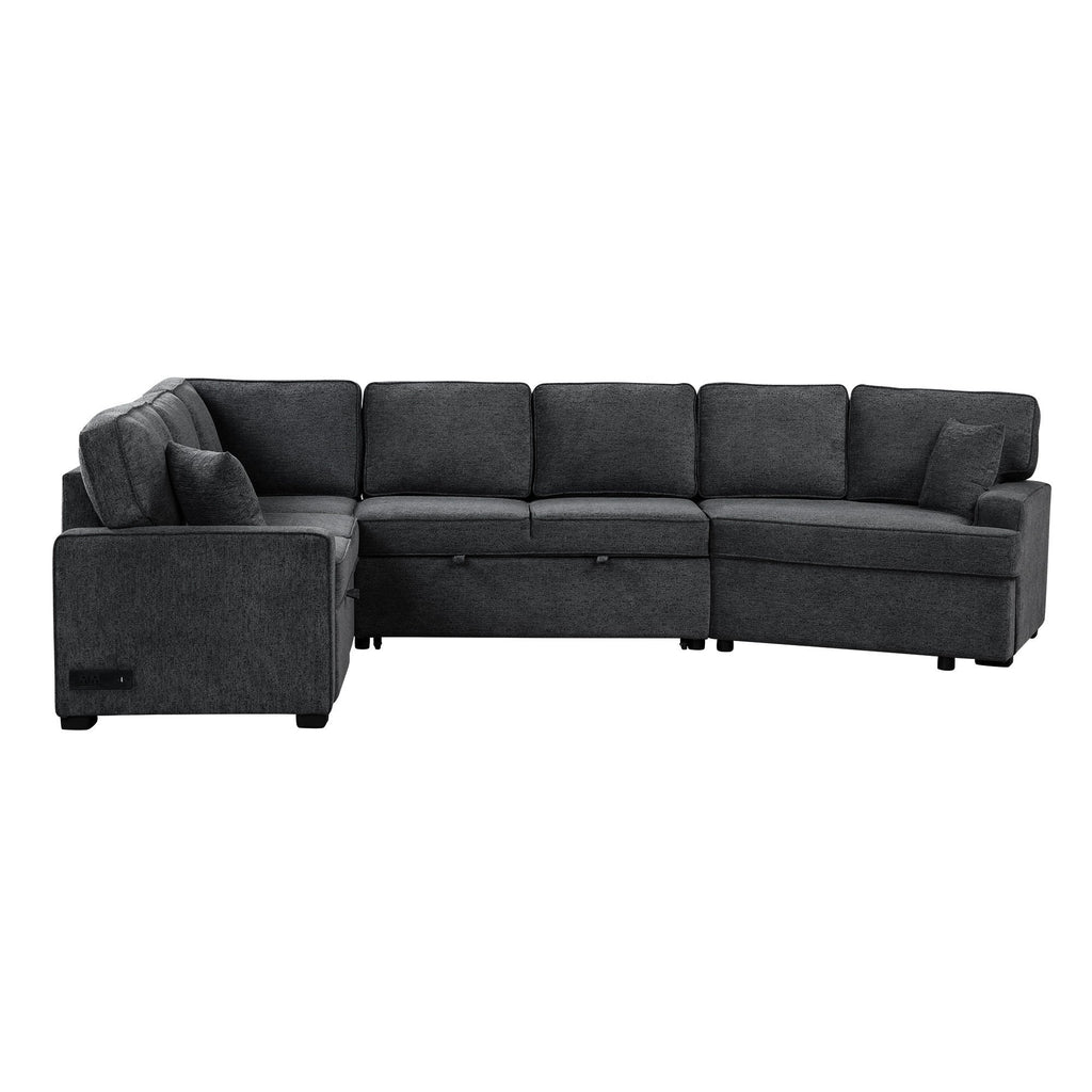 126' L-shaped Sofa Sectional Sofa Couch Pull-out Sofa Bed with Charging Devices and Cup Holders for Living Room, Blue Black