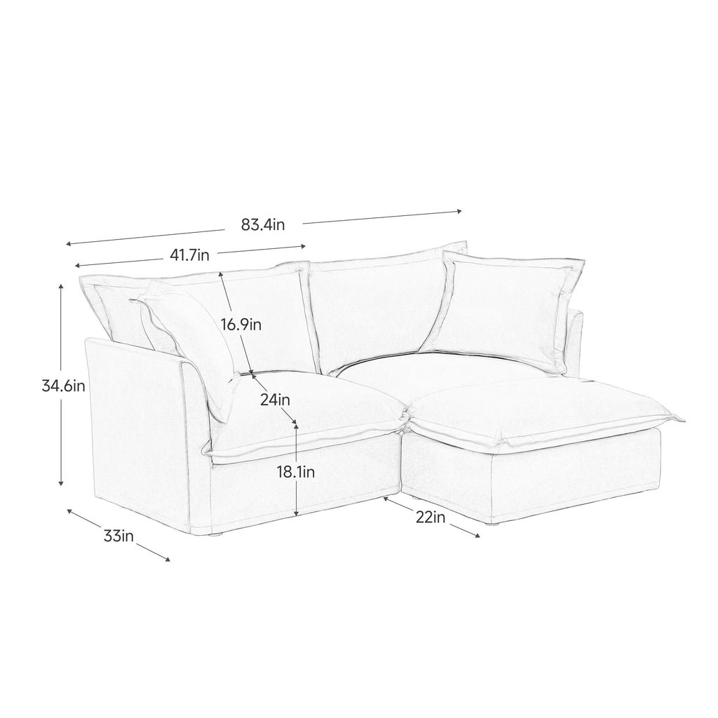 Slipcovered Sectional 2 Seater Sofa Couch with Convertible Ottoman, Wide and Deep Seat L Shaped Sofa with Detachable Cover and Soft Multiple Big Pillows,Cream Corduroy Fabric