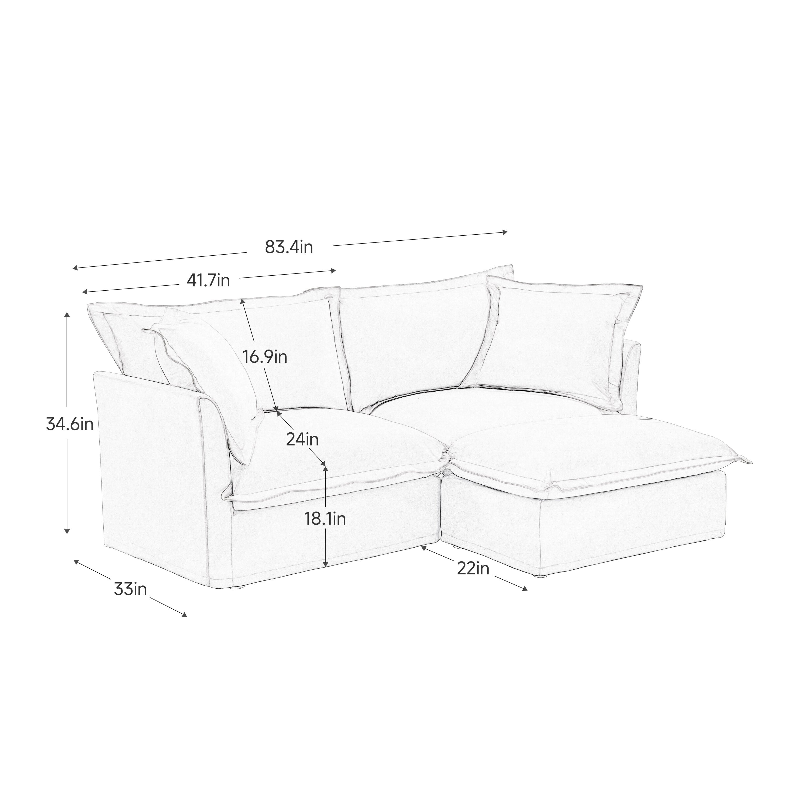 Slipcovered Sectional 2 Seater Sofa Couch with Convertible Ottoman, Wide and Deep Seat L Shaped Sofa with Detachable Cover and Soft Multiple Big Pillows,Cream Corduroy Fabric