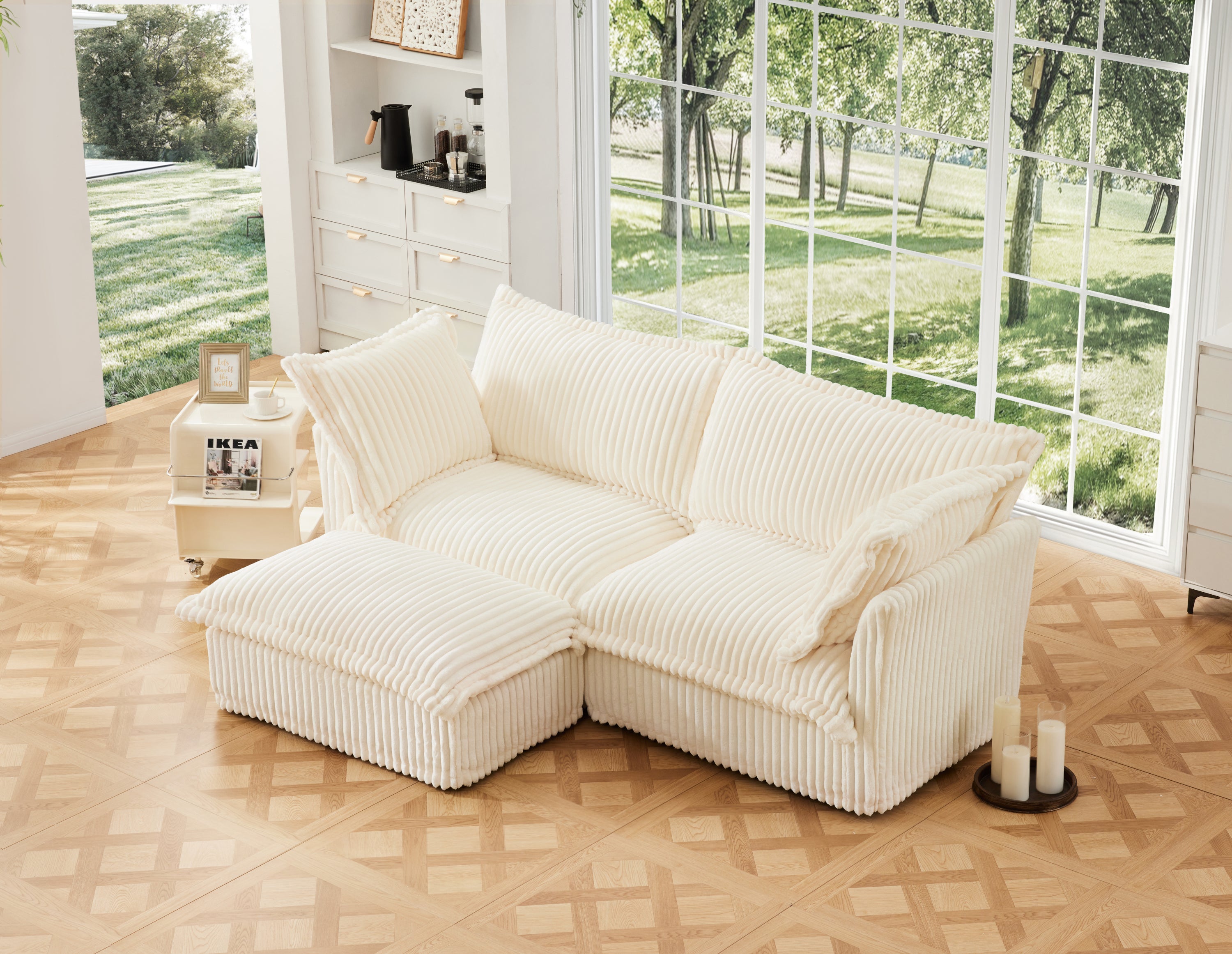 Slipcovered Sectional 2 Seater Sofa Couch with Convertible Ottoman, Wide and Deep Seat L Shaped Sofa with Detachable Cover and Soft Multiple Big Pillows,Cream Corduroy Fabric