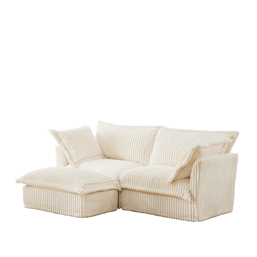 Slipcovered Sectional 2 Seater Sofa Couch with Convertible Ottoman, Wide and Deep Seat L Shaped Sofa with Detachable Cover and Soft Multiple Big Pillows,Cream Corduroy Fabric