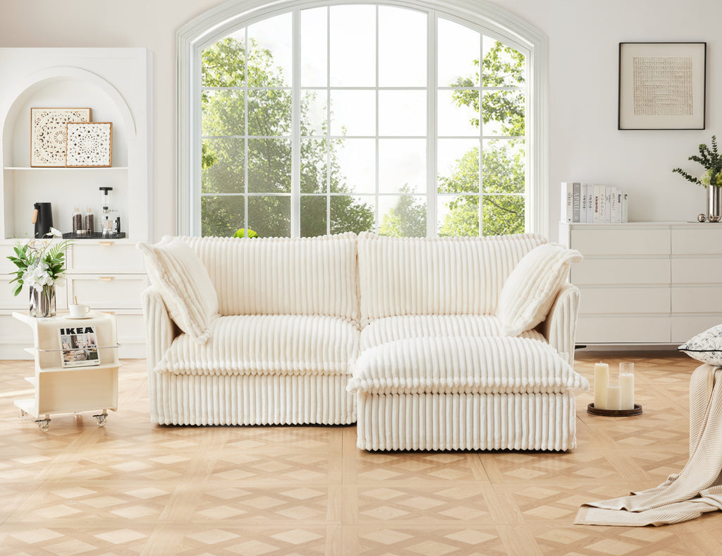 Slipcovered Sectional 2 Seater Sofa Couch with Convertible Ottoman, Wide and Deep Seat L Shaped Sofa with Detachable Cover and Soft Multiple Big Pillows,Cream Corduroy Fabric