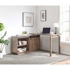 Desk L-shaped Workstation Home Office attached storage credenza sliding barn door finished on the back reversible Hazelnut